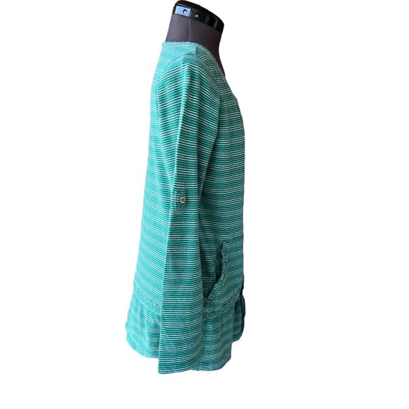Royal Robbins Green Stripe Scoop-Neck Top Drawstring Waist Roll-Tab Sleeve Sz. M - Picture 3 of 6